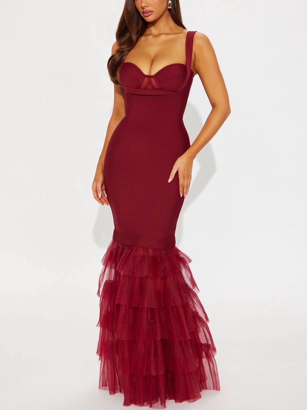 Fashion Nova Burgundy Mermaid Tulle-Hem Maxi Dress